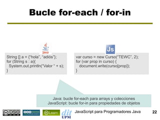 Bucle for-each / for-in



String [] a = {“hola”, “adiós”};        var curso = new Curso(“TEWC”, 2);
for (String s : a){                     for (var prop in curso) {
  System.out.println(“Valor “ + s);       document.write(curso[prop]);
}                                       }




                           Java: bucle for-each para arrays y colecciones
                         JavaScript: bucle for-in para propiedades de objetos

                                        JavaScript para Programadores Java      22
 