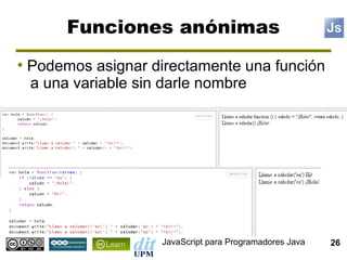Funciones anónimas
●
    Podemos asignar directamente una función
    a una variable sin darle nombre




                      JavaScript para Programadores Java   26
 