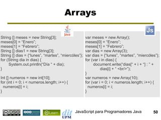 Arrays

String [] meses = new String[3];                     var meses = new Array();
meses[0] = “Enero”;                                  meses[0] = “Enero”;
meses[1] = “Febrero”;                                meses[1] = “Febrero”;
String [] dias1 = new String[3];                     var dias = new Array(3);
String [] dias = {“lunes”, “martes”, “miercóles”};   var dias = {“lunes”, “martes”, “miercóles”};
for (String dia in dias) {                           for (var i in dias) {
     System.out.println(“Día “ + dia);                    document.write(“dias[“ + i + “] : ” +
}                                                              dias[i] + “ <br/>”);
                                                     }
Int [] numeros = new int[10];                        var numeros = new Array(10);
for (int i = 0; i < numeros.length; i++) {           for (var i = 0; i < numeros.length; i++) {
  numeros[i] = i;                                      numeros[i] = i;
}                                                    }




                                             JavaScript para Programadores Java              50
 