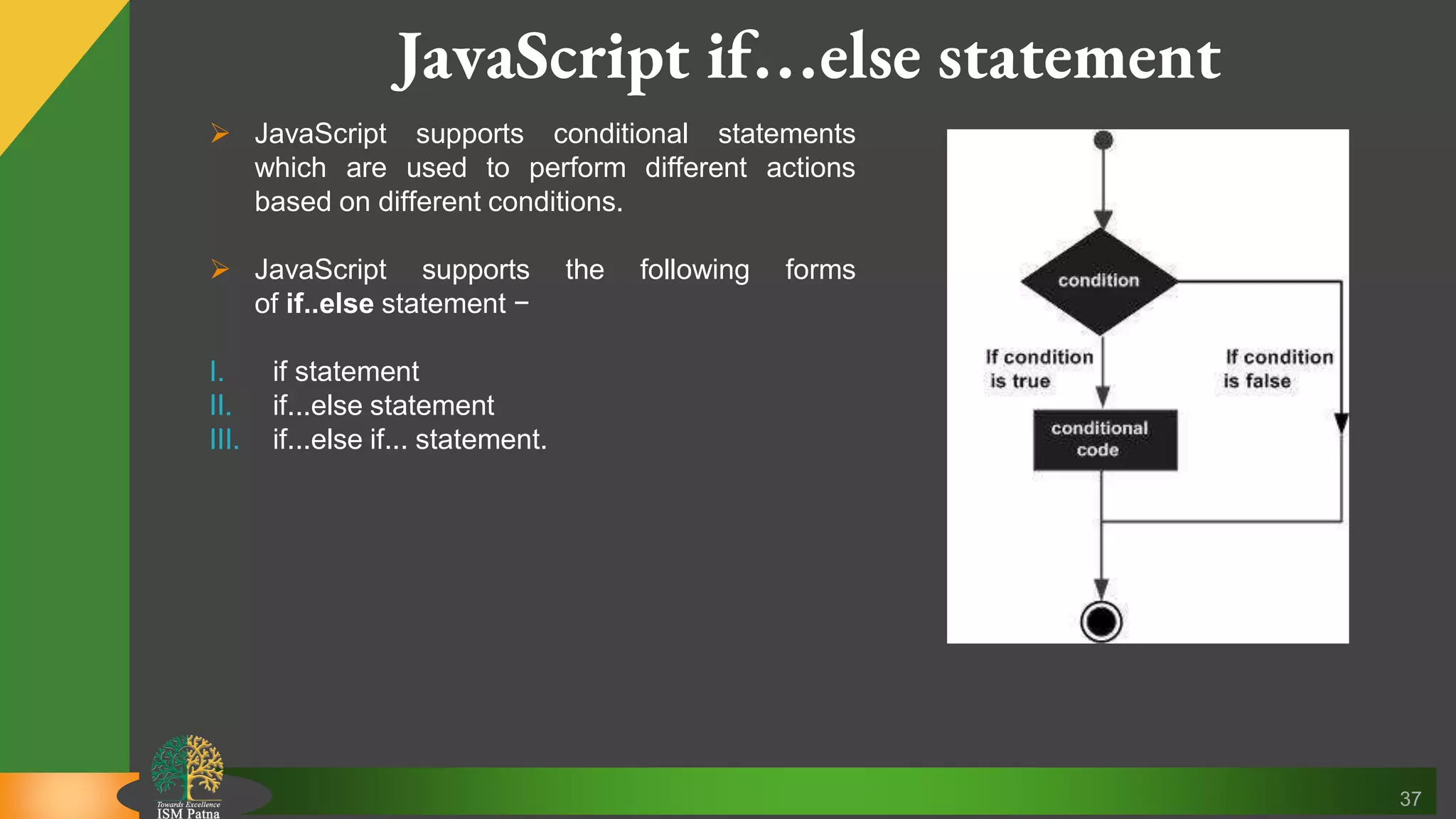 37 JavaScript if…else statement  JavaScript supports conditional statements which are used to perform different actions based on different conditions.  JavaScript supports the following forms of if..else statement − I. if statement II. if...else statement III. if...else if... statement. 