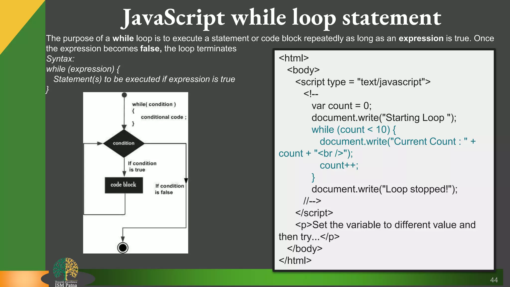 44 JavaScript while loop statement The purpose of a while loop is to execute a statement or code block repeatedly as long as an expression is true. Once the expression becomes false, the loop terminates Syntax: while (expression) { Statement(s) to be executed if expression is true } <html> <body> <script type = "text/javascript"> <!-- var count = 0; document.write("Starting Loop "); while (count < 10) { document.write("Current Count : " + count + "<br />"); count++; } document.write("Loop stopped!"); //--> </script> <p>Set the variable to different value and then try...</p> </body> </html> 