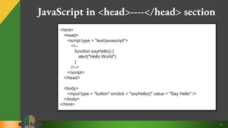 11
JavaScript in <head>----</head> section
<html>
<head>
<script type = "text/javascript">
<!--
function sayHello() {
alert("Hello World")
}
//-->
</script>
</head>
<body>
<input type = "button" onclick = "sayHello()" value = "Say Hello" />
</body>
</html>
 