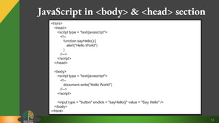 13
JavaScript in <body> & <head> section
<html>
<head>
<script type = "text/javascript">
<!--
function sayHello() {
alert("Hello World")
}
//-->
</script>
</head>
<body>
<script type = "text/javascript">
<!--
document.write("Hello World")
//-->
</script>
<input type = "button" onclick = "sayHello()" value = "Say Hello" />
</body>
</html>
 
