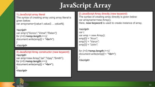 53
JavaScript Array
1) JavaScript array literal
The syntax of creating array using array literal is
given below:
var arrayname=[value1,value2.....valueN];
<script>
var emp=["Sonoo","Vimal","Ratan"];
for (i=0;i<emp.length;i++){
document.write(emp[i] + "<br/>");
}
</script>
2) JavaScript Array directly (new keyword)
The syntax of creating array directly is given below:
var arrayname=new Array();
Here, new keyword is used to create instance of array.
<script>
var i;
var emp = new Array();
emp[0] = "Arun";
emp[1] = "Varun";
emp[2] = "John";
for (i=0;i<emp.length;i++){
document.write(emp[i] + "<br>");
}
</script>
3) JavaScript Array constructor (new keyword)
<script>
var emp=new Array("Jai","Vijay","Smith");
for (i=0;i<emp.length;i++){
document.write(emp[i] + "<br>");
}
</script>
 