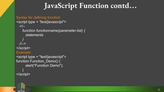 59
JavaScript Function contd…
Syntax for defining function
<script type = "text/javascript">
<!--
function functionname(parameter-list) {
statements
}
//-->
</script>
Example:
<script type = "text/javascript">
function Function_Demo() {
alert(“Function Demo");
}
</script>
 