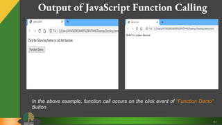 61
Output of JavaScript Function Calling
In the above example, function call occurs on the click event of “Function Demo”
Button
 