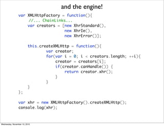 and the engine!
                var XMLHttpFactory = function(){
                    //... ChainLinks...
                    var creators = [new XhrStandard(),
                                    new XhrIe(),
                                    new XhrError()];

                         this.createXMLHttp = function(){
                                 var creator;
                                 for(var i = 0; i < creators.length; ++i){
                                     creator = creators[i];
                                     if(creator.canHandle()) {
                                         return creator.xhr();
                                     }
                                 }
                         }
                };

                var xhr = new XMLHttpFactory().createXMLHttp();
                console.log(xhr);



Wednesday, November 10, 2010
 
