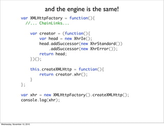 and the engine is the same!
                   var XMLHttpFactory = function(){
                     //... ChainLinks...

                               var creator = (function(){
                                   var head = new XhrIe();
                                   head.addSuccessor(new XhrStandard())
                                       .addSuccessor(new XhrError());
                                   return head;
                               })();

                               this.createXMLHttp = function(){
                                   return creator.xhr();
                               }
                   };

                   var xhr = new XMLHttpFactory().createXMLHttp();
                   console.log(xhr);




Wednesday, November 10, 2010
 