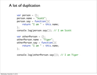 A lot of duplication

                          var person = {};
                          person.name = "Scott";
                          person.say = function(){
                              return "I am " + this.name;
                          };
                          console.log(person.say()); // I am Scott

                          var otherPerson = {};
                          otherPerson.name = "Tiger";
                          otherPerson.say = function(){
                              return "I am " + this.name;
                          };

                          console.log(otherPerson.say()); // I am Tiger




Wednesday, November 10, 2010
 