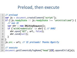 Preload, then execute
// preload
var js = document.createElement('script');
if (!js.readyState || js.readyState !== 'uninitialized') { // non IE
  var xhr = new XMLHttpRequest();
  if ('withCredentials' in xhr) { // XHR2
    xhr.open('GET', url, false);
    xhr.send(null);
  }
}
js.src = url; // IE preloads! Thanks @getify

// execute
document.getElementsByTagName('head')[0].appendChild(js);
 
