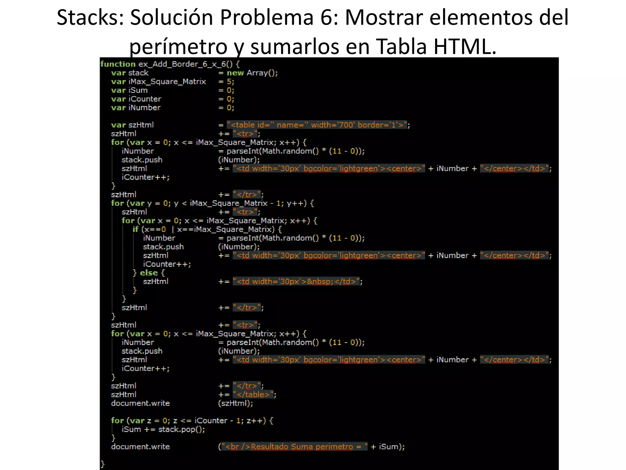 Stacks: Solución Problema 6: Mostrar elementos del
perímetro y sumarlos en Tabla HTML.
 