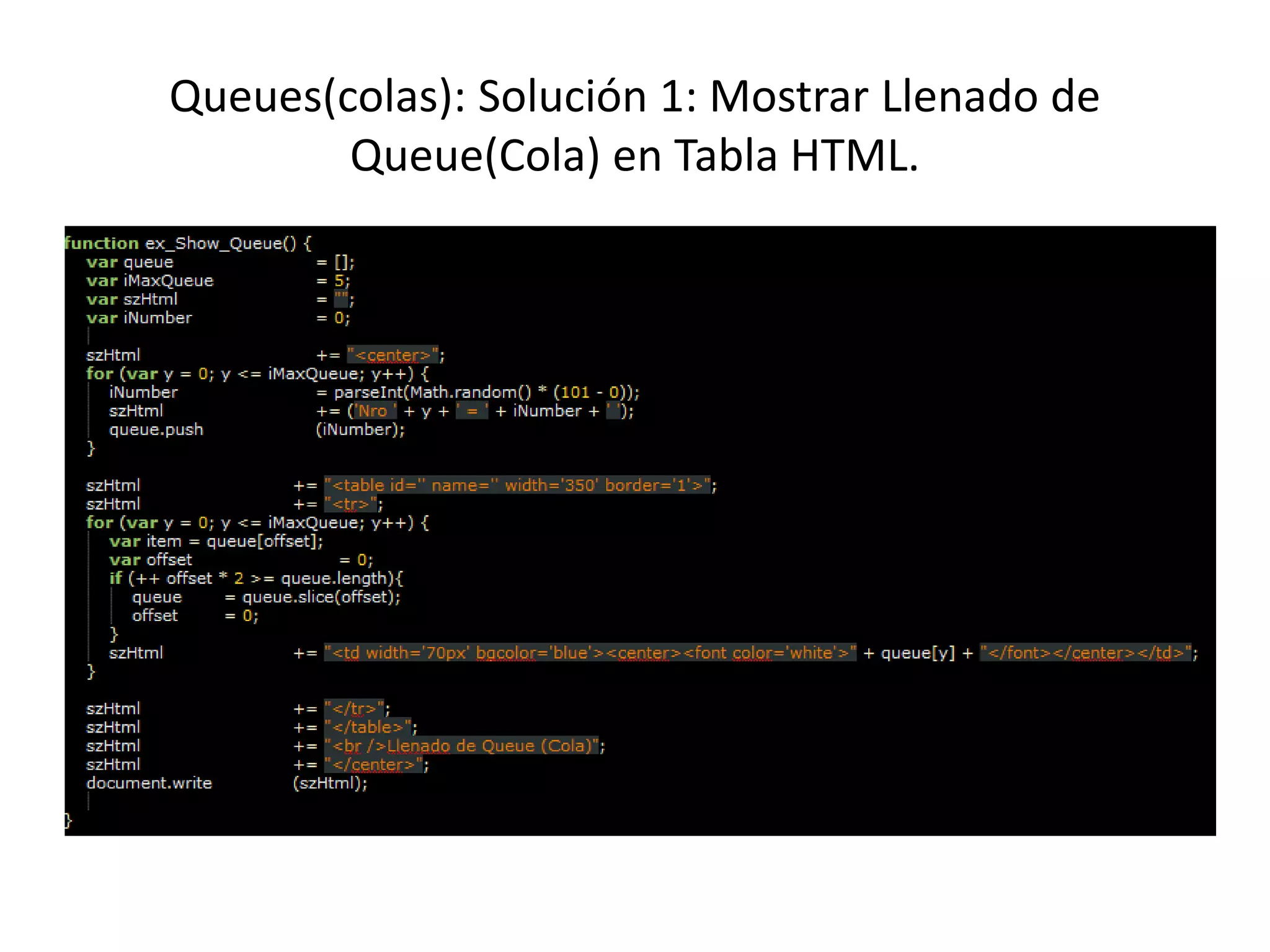 Queues(colas): Solución 1: Mostrar Llenado de
Queue(Cola) en Tabla HTML.
 