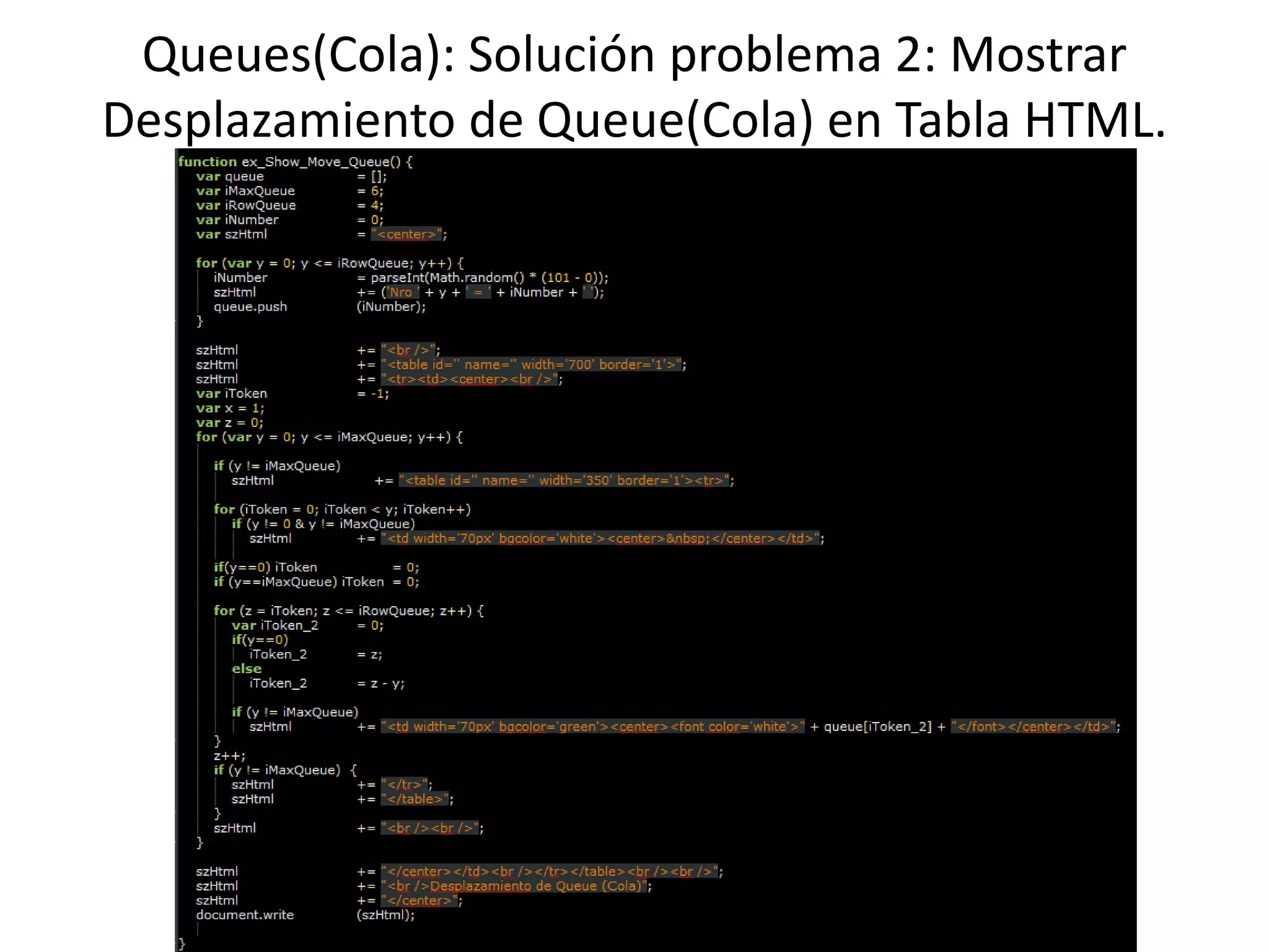 Queues(Cola): Solución problema 2: Mostrar
Desplazamiento de Queue(Cola) en Tabla HTML.
 