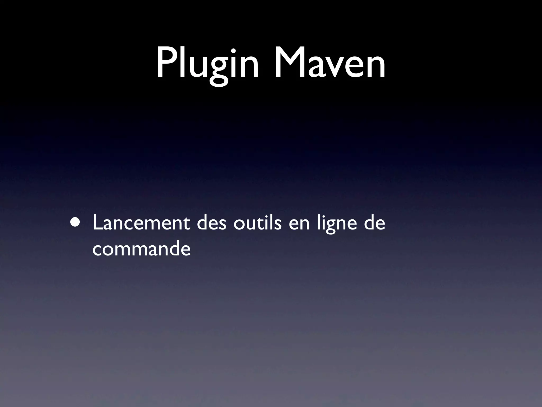 Plugin Maven
• Lancement des outils en ligne de
commande
 