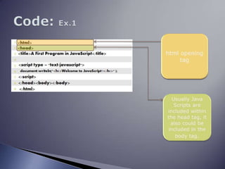 Code: Ex.1html opening tag Usually Java Scripts are included within the head tag, it also could be included in the body tag. 