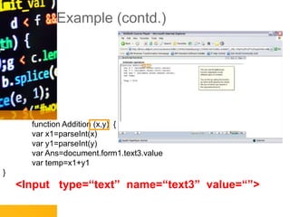 Example (contd.)
function Addition (x,y) {
var x1=parseInt(x)
var y1=parseInt(y)
var Ans=document.form1.text3.value
var temp=x1+y1
}
<Input type=“text” name=“text3” value=“”>
 