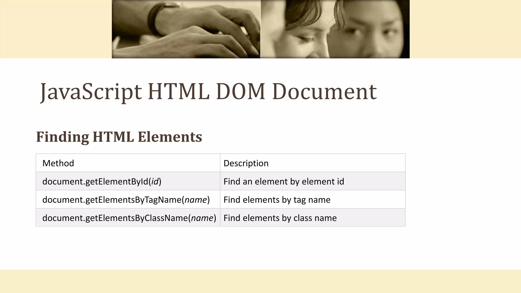JavaScript HTML DOM Document
Method Description
document.getElementById(id) Find an element by element id
document.getElementsByTagName(name) Find elements by tag name
document.getElementsByClassName(name) Find elements by class name
Finding HTML Elements
 