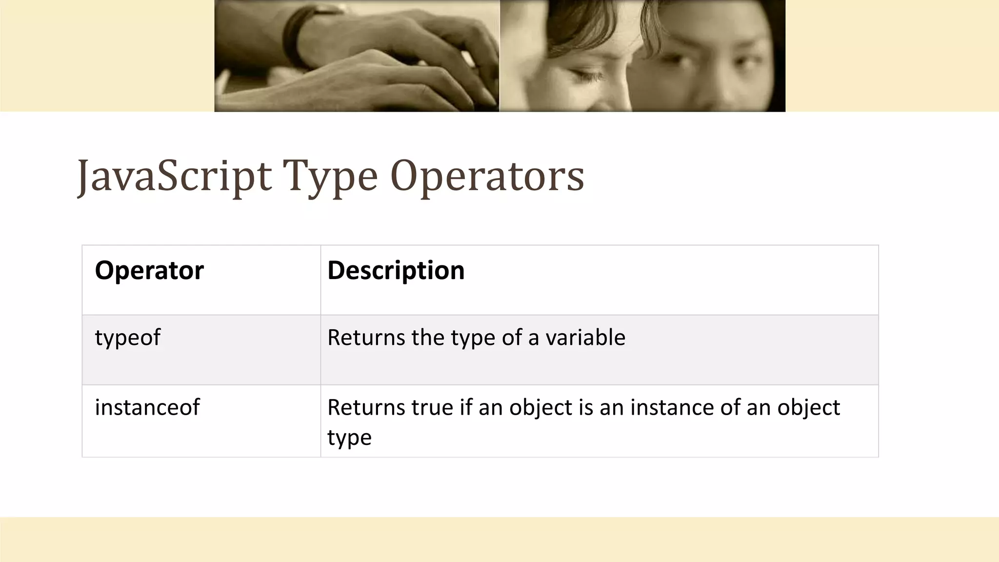 JavaScript Type Operators
Operator Description
typeof Returns the type of a variable
instanceof Returns true if an object is an instance of an object
type
 