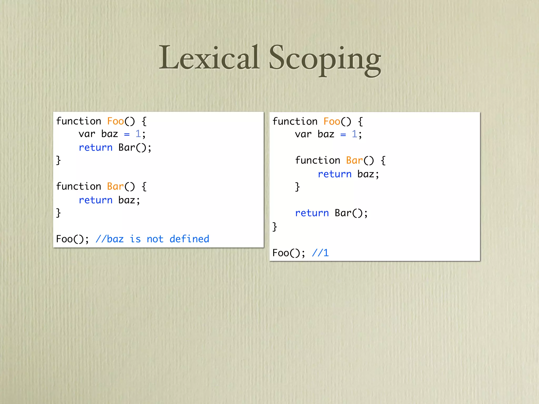 Lexical Scoping
function Foo() {              function Foo() {
    var baz = 1;                  var baz = 1;
    return Bar();
}                                 function Bar() {
                                      return baz;
function Bar() {                  }
    return baz;
}                                 return Bar();
                              }
Foo(); //baz is not defined
                              Foo(); //1
 