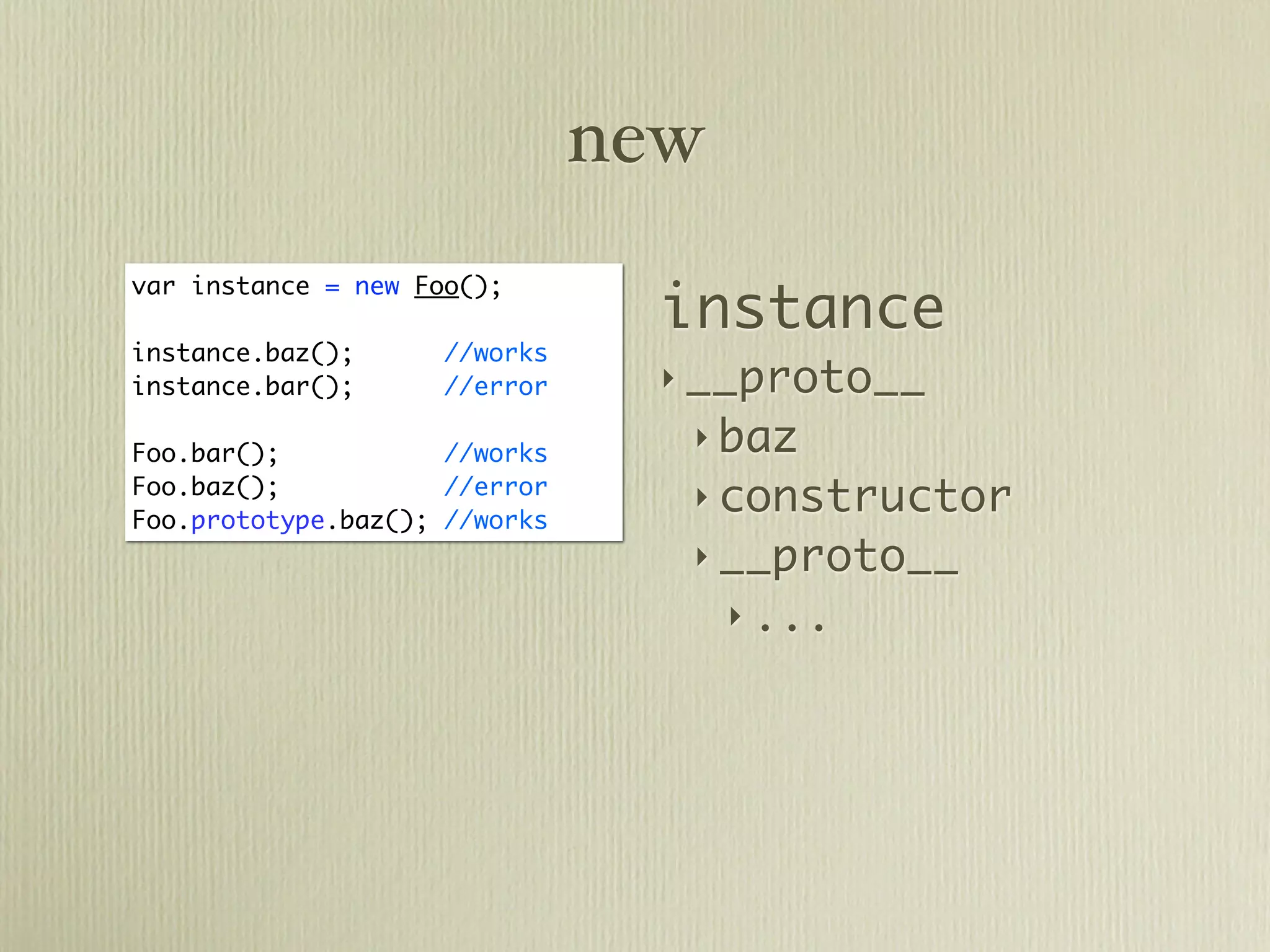 new

                                 instance
var instance = new Foo();

instance.baz();      //works
instance.bar();      //error     ‣ __proto__

Foo.bar();           //works
                                  ‣ baz
Foo.baz();           //error
                                  ‣ constructor
Foo.prototype.baz(); //works
                                  ‣ __proto__
                                     ‣ ...
 