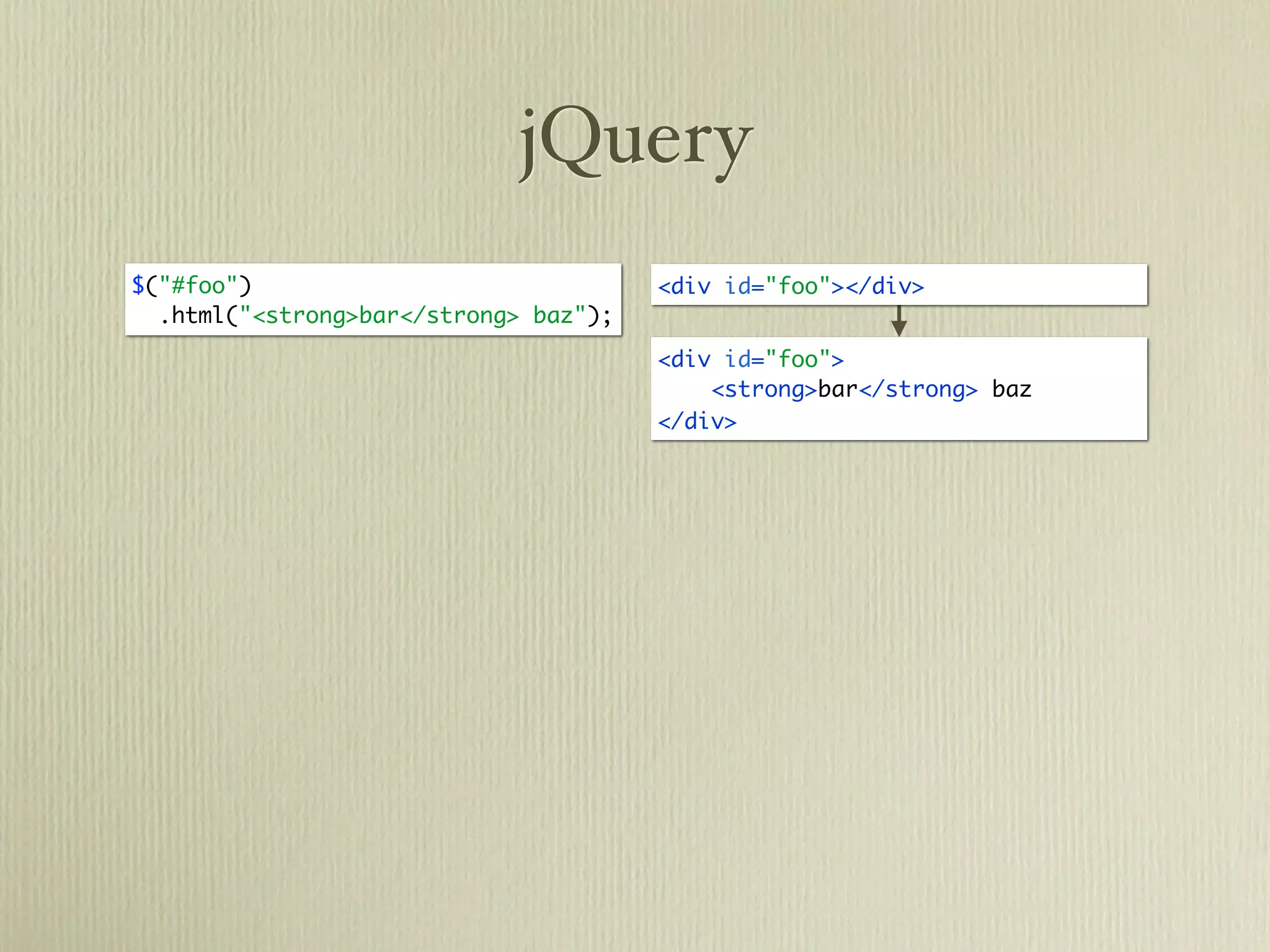 jQuery
$("#foo")                              <div id="foo"></div>
  .html("<strong>bar</strong> baz");
                                       <div id="foo">
                                           <strong>bar</strong> baz
                                       </div>
 