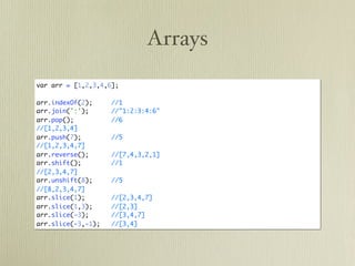 Arrays
var arr = [1,2,3,4,6];

arr.indexOf(2);     //1
arr.join(':');      //"1:2:3:4:6"
arr.pop();          //6
//[1,2,3,4]
arr.push(7);        //5
//[1,2,3,4,7]
arr.reverse();      //[7,4,3,2,1]
arr.shift();        //1
//[2,3,4,7]
arr.unshift(8);     //5
//[8,2,3,4,7]
arr.slice(1);       //[2,3,4,7]
arr.slice(1,3);     //[2,3]
arr.slice(-3);      //[3,4,7]
arr.slice(-3,-1);   //[3,4]
 