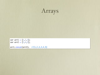 Arrays



var arr1 = [1,2,3];
var arr2 = [3,4,5];

arr1.concat(arr2);    //[1,2,3,3,4,5]
 