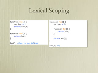 Lexical Scoping
function Foo() {              function Foo() {
    var baz = 1;                  var baz = 1;
    return Bar();
}                                 function Bar() {
                                      return baz;
function Bar() {                  }
    return baz;
}                                 return Bar();
                              }
Foo(); //baz is not defined
                              Foo(); //1
 