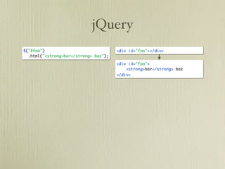 jQuery
$("#foo")                              <div id="foo"></div>
  .html("<strong>bar</strong> baz");
                                       <div id="foo">
                                           <strong>bar</strong> baz
                                       </div>
 