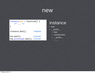 new

                                                   instance
                  instance.bat = function() {
                      /* ... */
                  }                                ‣   bat
                                                   ‣   __proto__
                  instance.bat();      //works          ‣ baz
                                                        ‣ constructor
                  Foo.bat();           //error
                                                        ‣ __proto__
                  Foo.prototype.bat(); //error
                                                           ‣ ...




Thursday, July 5, 12
 