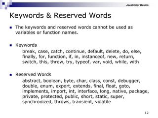 12
Keywords & Reserved Words
 The keywords and reserved words cannot be used as
variables or function names.
 Keywords
break, case, catch, continue, default, delete, do, else,
finally, for, function, if, in, instanceof, new, return,
switch, this, throw, try, typeof, var, void, while, with
 Reserved Words
abstract, boolean, byte, char, class, const, debugger,
double, enum, export, extends, final, float, goto,
implements, import, int, interface, long, native, package,
private, protected, public, short, static, super,
synchronized, throws, transient, volatile
JavaScript Basics
 