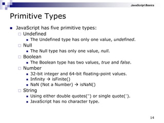 14
Primitive Types
 JavaScript has five primitive types:
 Undefined
 The Undefined type has only one value, undefined.
 Null
 The Null type has only one value, null.
 Boolean
 The Boolean type has two values, true and false.
 Number
 32-bit integer and 64-bit floating-point values.
 Infinity  isFinite()
 NaN (Not a Number)  isNaN()
 String
 Using either double quotes(”) or single quote(‟).
 JavaScript has no character type.
JavaScript Basics
 