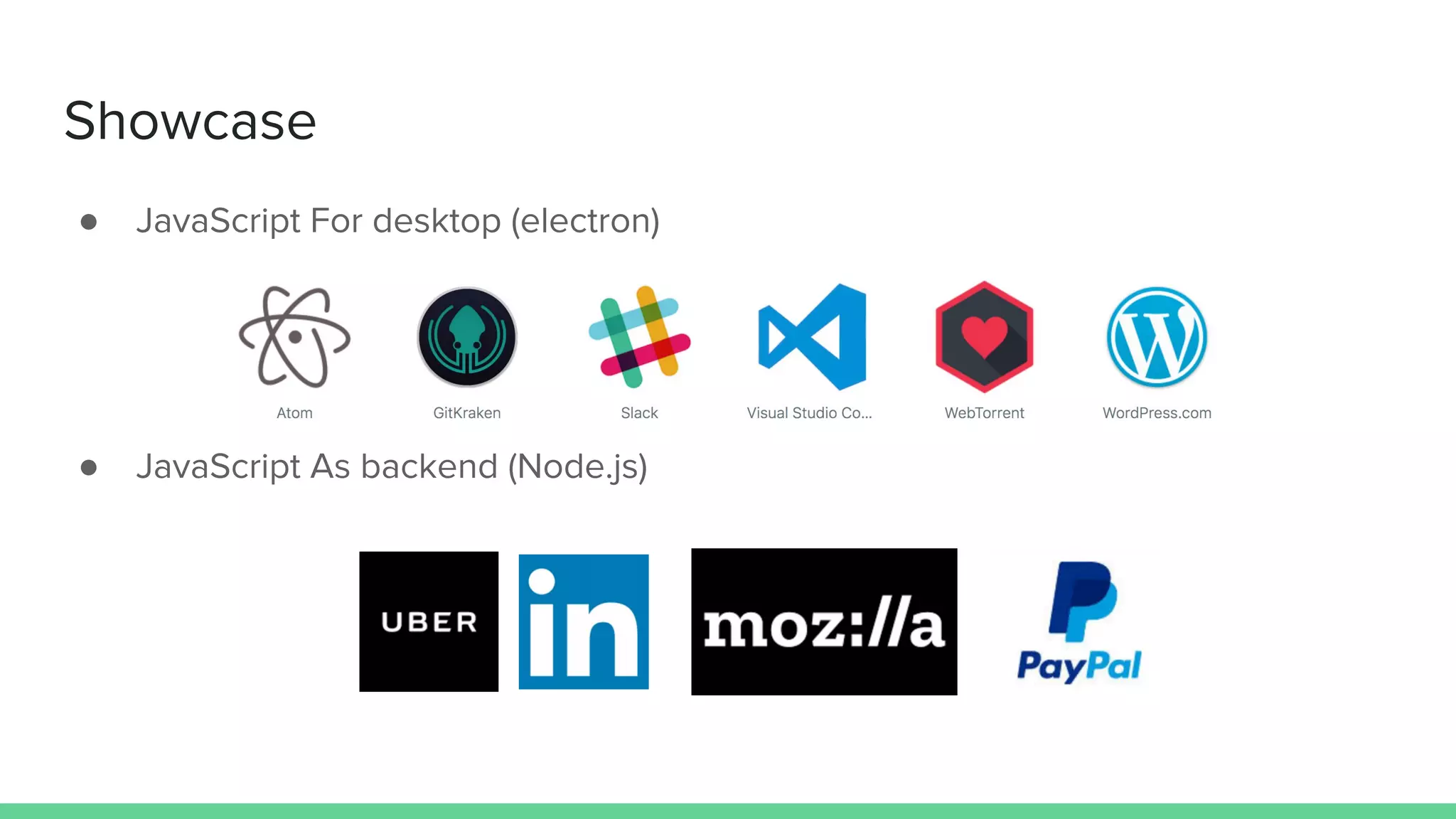 Showcase
● JavaScript For desktop (electron)
● JavaScript As backend (Node.js)
 