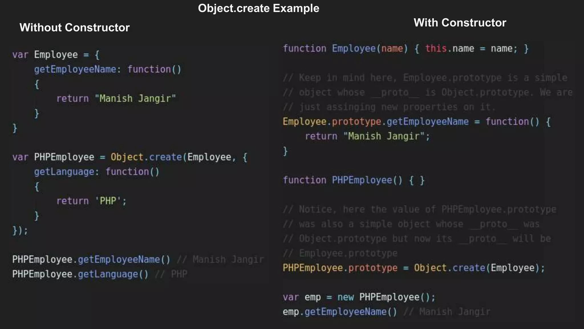 Without Constructor With Constructor
Object.create Example
 