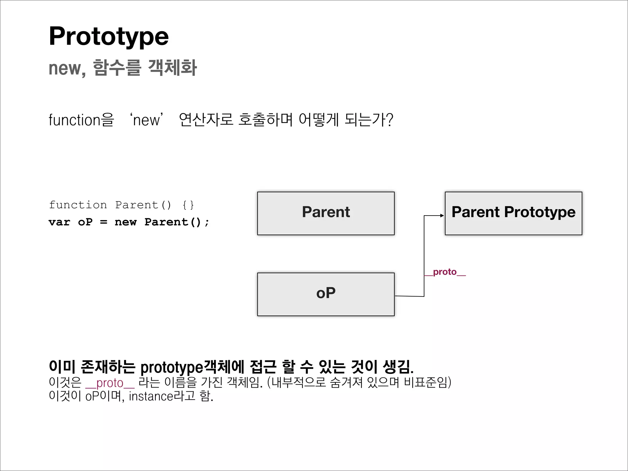 Prototype
new, 함수를 객체화

function을 ‘new’ 연산자로 호출하며 어떻게 되는가?




function Parent() {}                                          Parent의
                              Parent
var oP = new Parent();                                       prototype


                                             [[Prototype]]

                                oP



이미 존재하는 prototype객체에 접근 할 수 있는 것이 생김.
이것은 [[Prototype]] 라는 이름을 가진 객체임. (내부적으로 숨겨져 있으며 비표준이며 크롬 디버깅 도구로 확
인해보면‘__proto__’ 라고 표현함)
이것이 위 코드에서 oP에 해당하며, instance라고 함.
 