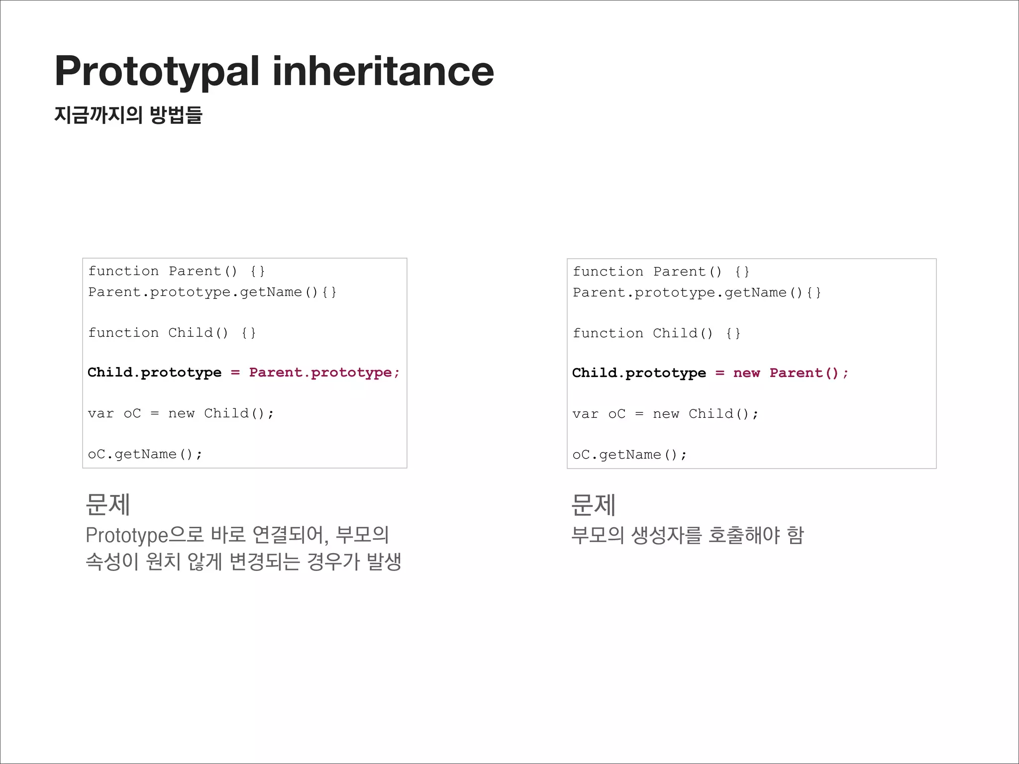 Prototypal inheritance
Object.create()




대략 이런 모습 (실제 create() 내부 소스는 아님)

function create(o) {
  function F() {}                  비어있는 Function한개를 만들고, (1 line)
                                   전달받은 객체를 자신의 prototype로 등록하고, (2 line)
  F.prototype = o;                 인스턴스를 반환 (3 line)

  return new F();                  F()는 마치 proxy와 같은 역할을 하면서 ,
                                   부모와 자식간의 직접적인 연결을 끊어,

}                                  자식에 의하여 부모의 정보가 함부로 수정되는 일을 막는다.
 