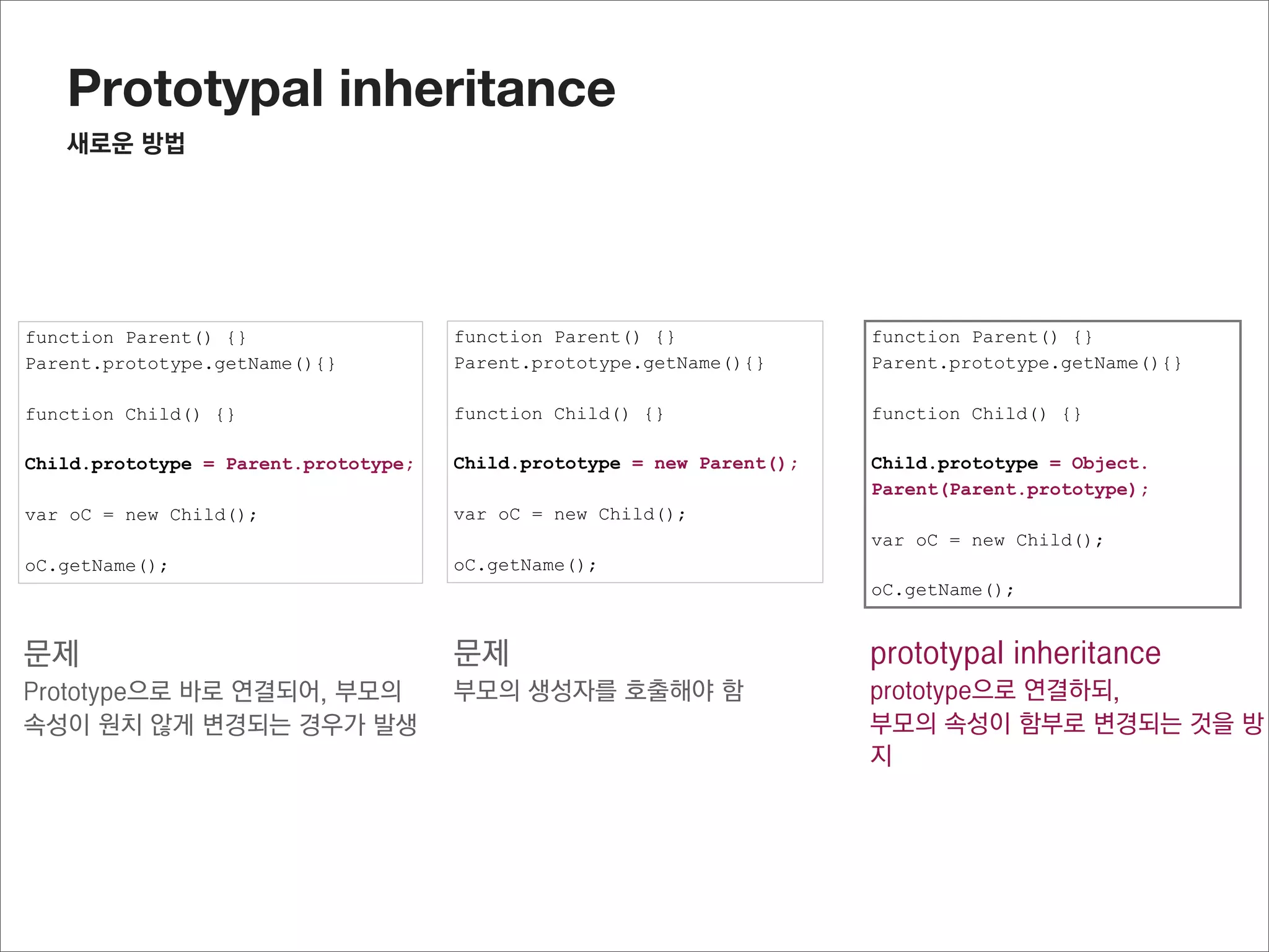 Prototypal inheritance
  Object.create()




function Parent() {}                                                   F의
Parent.prototype.getName(){}
                                                                    prototype
function Child() {}
                                                                  = Parent.prototype
Child.prototype = Object.create(Parent.prototype);

var oC = new Child();

oC.getName();




function create(o) {
  function F() {}                                                    Child의
  F.prototype = o;                                   Child
  return new F();
                                                                    prototype
}
                                                        인스턴스 생성       = new F()


                                                      oC
 