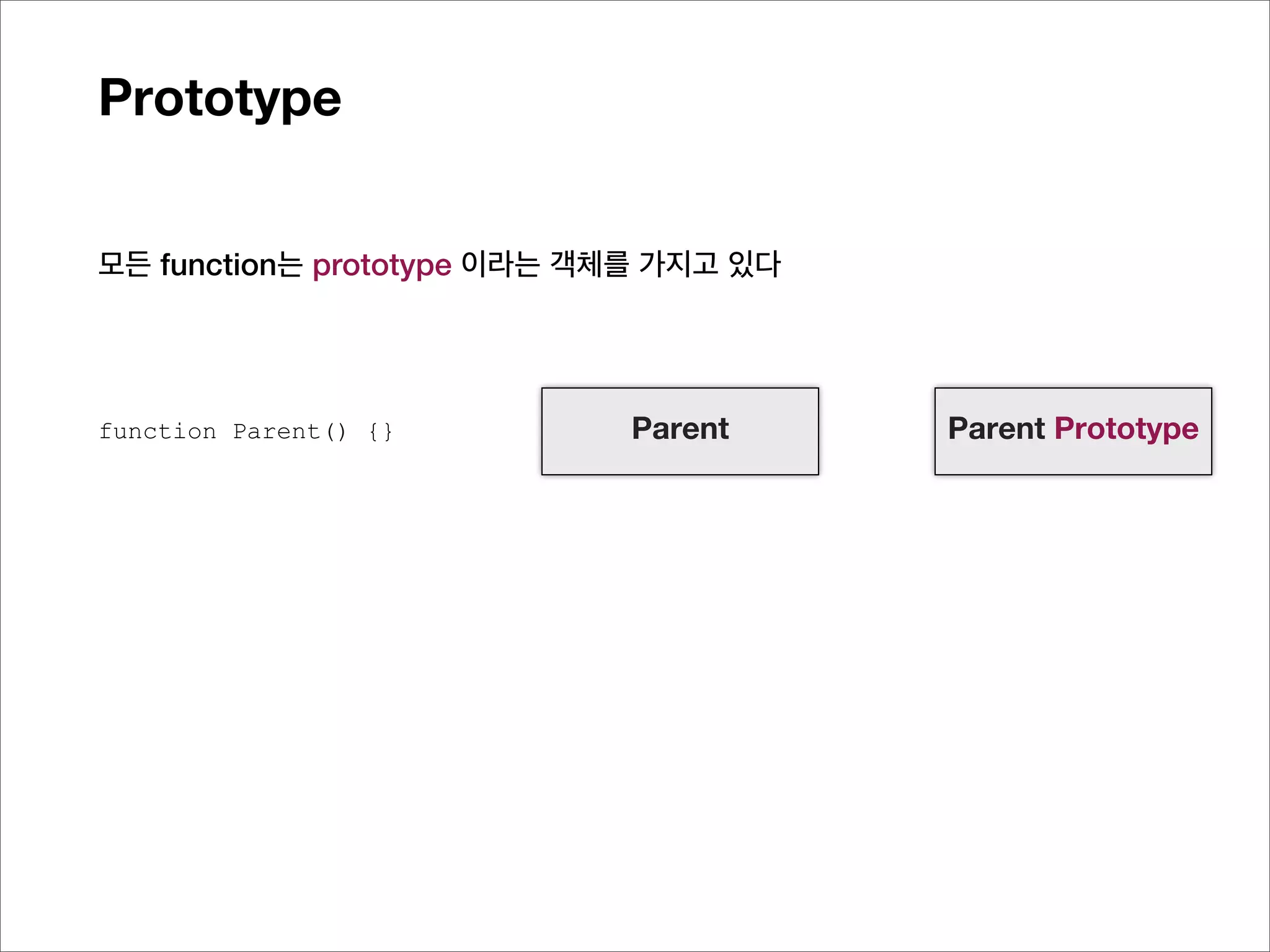 Prototype


 모든 function는 prototype 이라는 객체를 가지고 있다



function Parent() {}                       Parent 의
(‘prototype’ in Parent) == true   Parent
                                           prototype
 