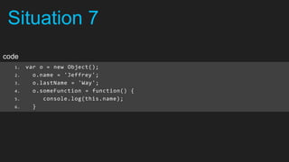Situation 7
code
   1.   var o = new Object();
   2.     o.name = 'Jeffrey';
   3.     o.lastName = 'Way';
   4.     o.someFunction = function() {
   5.        console.log(this.name);
   6.     }
 