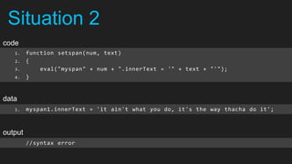 Situation 2
code
   1.    function setspan(num, text)
   2.    {
   3.        eval("myspan" + num + ".innerText = '" + text + "'");
   4.    }


data
   1.    myspan1.innerText = 'it ain't what you do, it's the way thacha do it';



output
         //syntax error
 