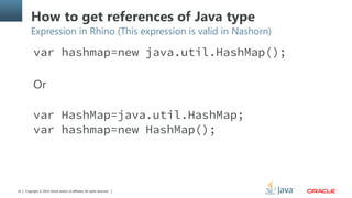 Copyright © 2014, Oracle and/or its affiliates. All rights reserved.22
How to get references of Java type
Expression in Rhino (This expression is valid in Nashorn)
var hashmap=new java.util.HashMap();
Or
var HashMap=java.util.HashMap;
var hashmap=new HashMap();
 