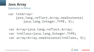 Copyright © 2014, Oracle and/or its affiliates. All rights reserved.25
Java Array
Expression in Rhino
var intArray=
java.lang.reflect.Array.newInstance(
java.lang.Integer.TYPE, 5);
var Array=java.lang.reflect.Array;
var intClass=java.lang.Integer.TYPE;
var array=Array.newInstance(intClass, 5);
 