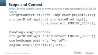 Copyright © 2014, Oracle and/or its affiliates. All rights reserved.36
Scope and Context
ScriptContext contains one or more Bindings each associated each jsr223
"scope".
ScriptContext ctx=new SimpleScriptContext();
ctx.setBindings(engine.createBindings(),
ScriptContext.ENGINE_SCOPE);
Bindings engineScope=
ctx.getBindings(ScriptContext.ENGINE_SCOPE);
engineScope.put("x", "world");
engine.eval("print(x)", ctx);
 