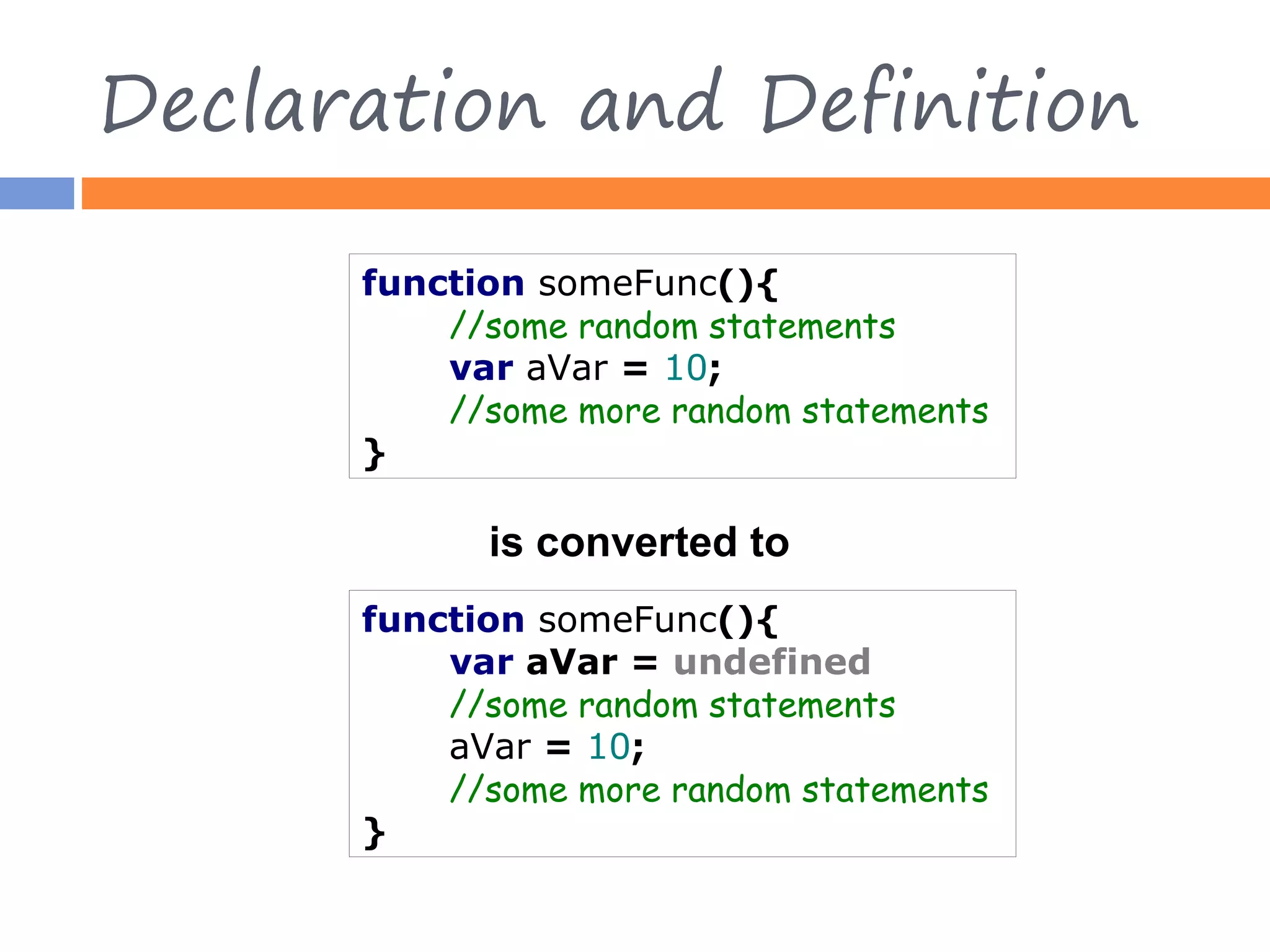 Declaration and Definition function someFunc(){ //some random statements var aVar = 10; //some more random statements } is converted to function someFunc(){ var aVar = undefined //some random statements aVar = 10; //some more random statements } 