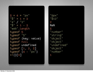 5 + 4 + "px"          "9px"
               "$" + 1 + 2           "$12"
               "4" / "2"             2
               "$" + 1 - 2           NaN
               "web".length          3
               typeof 5              "number"
               typeof "5"            "string"
               typeof {key: value}   "object"
               typeof null           "object"
               typeof undefined      "undefined"
               typeof [1, 2, 3]      "object"
               typeof (4 - "px")     "number"
               +!{}[0]               1



Monday, 21 December 2009
 