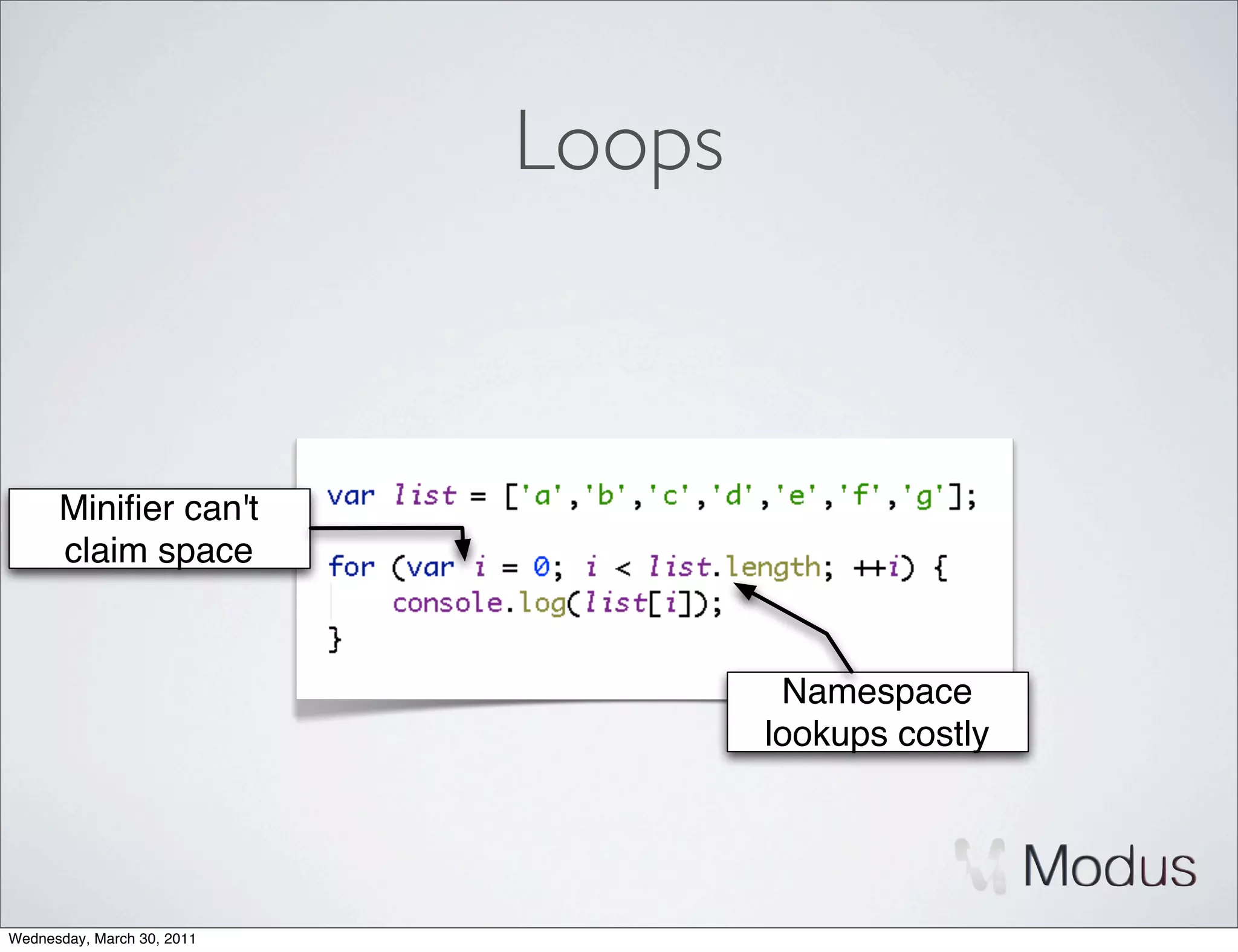 Loops



      Miniﬁer can't
      claim space


                                     Namespace
                                    lookups costly




Wednesday, March 30, 2011
 