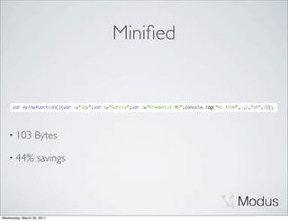Miniﬁed



    • 103         Bytes

    • 44%          savings




Wednesday, March 30, 2011
 