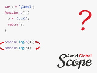 var a = 'global';
function b() {
a = 'local';
return a;
}
console.log(b());
console.log(a);
Scope
Avoid Global
?
 