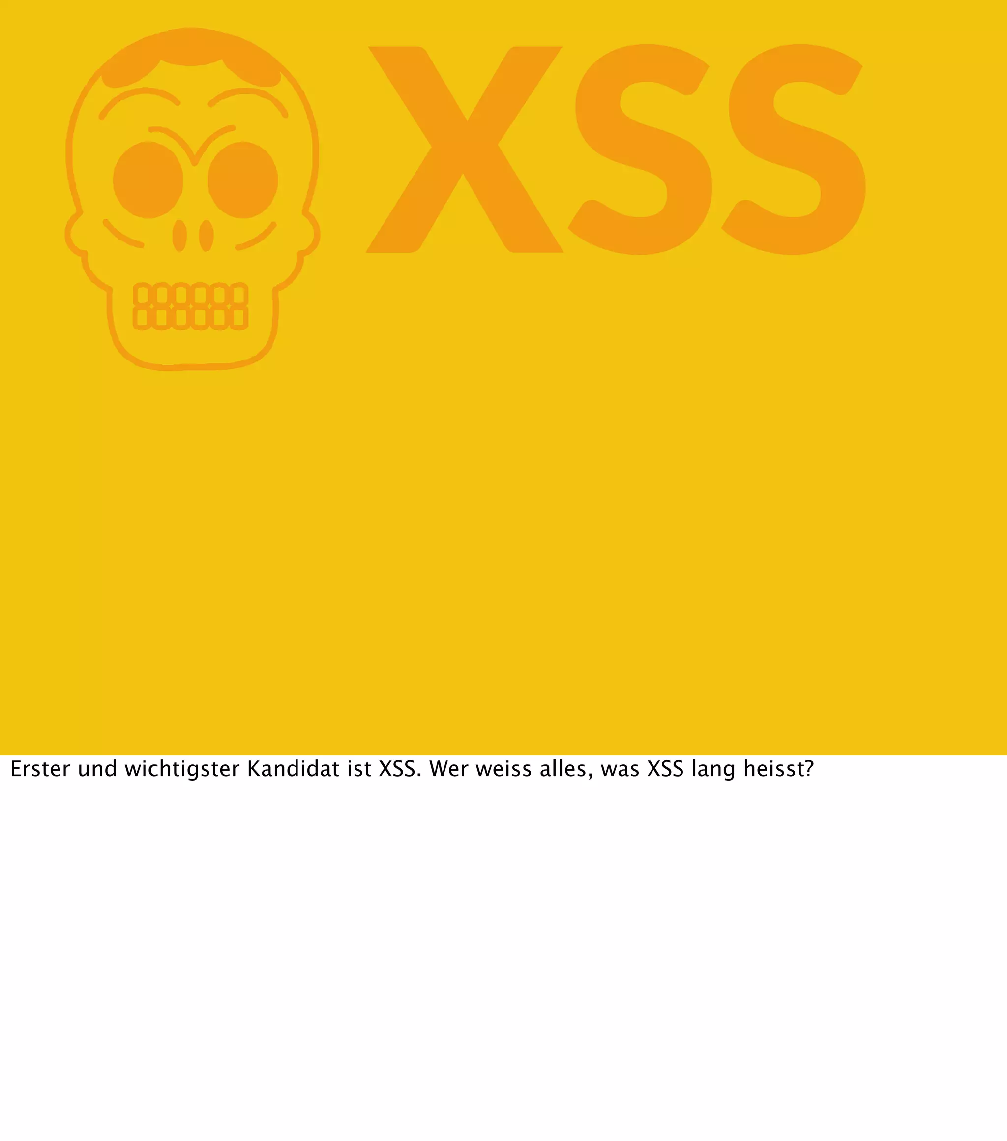 K XSS Erster und wichtigster Kandidat ist XSS. Wer weiss alles, was XSS lang heisst? 