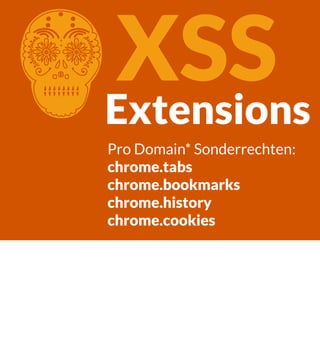 XSS
Extensions

C

Pro Domain* Sonderrechten:
chrome.tabs
chrome.bookmarks
chrome.history
chrome.cookies

 